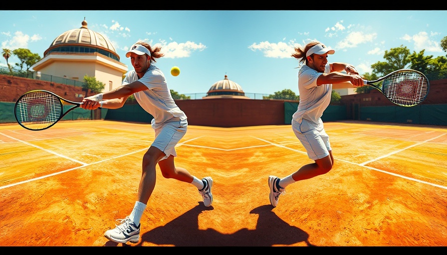 Tennis player practicing fundamentals in split-screen on clay court.