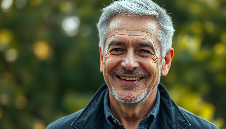 Middle-aged man smiling outdoors with greenery in background, close-up portrait.