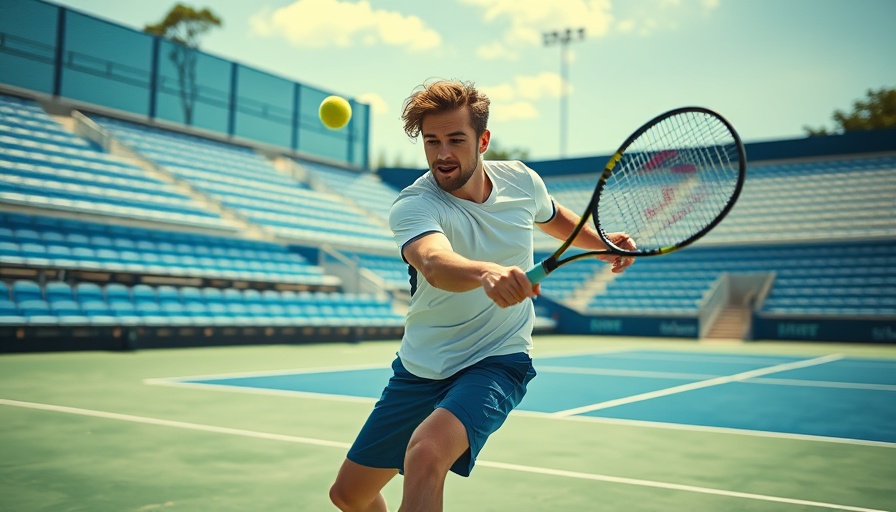 Energetic tennis player executes trick shot on outdoor court in sunny setting.