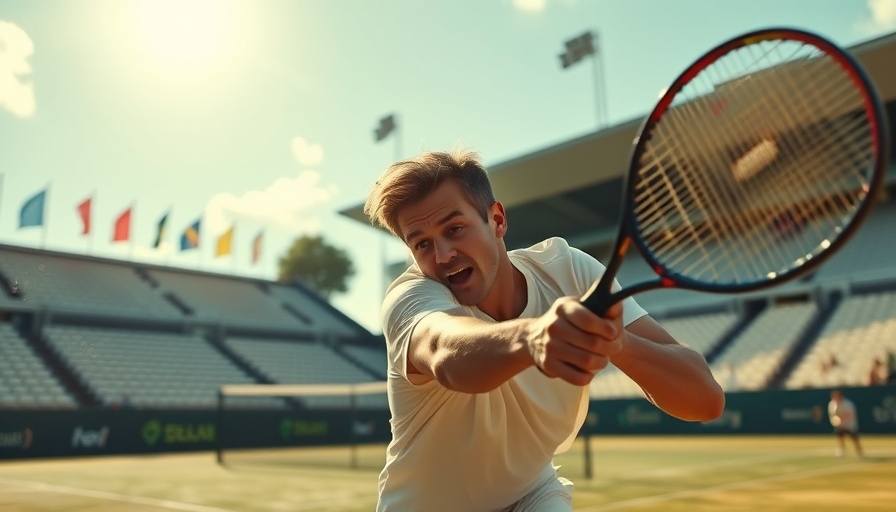 Intense tennis rally with a player mid-swing on court.