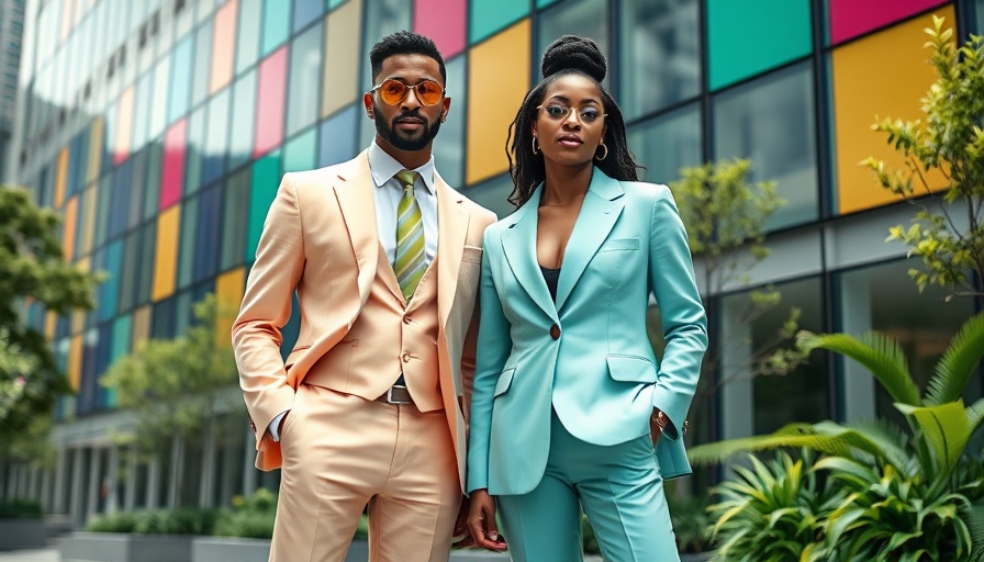 Stylish duo in pastel suits with colorful panels backdrop.