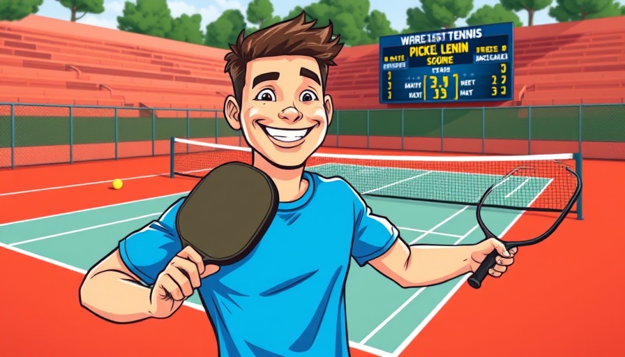 Singles pickleball tournament Austin cartoon scene with smiling player.