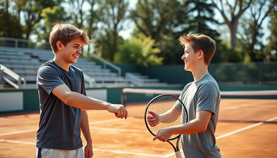 Young tennis players learn tennis serve technique with coach on clay court.
