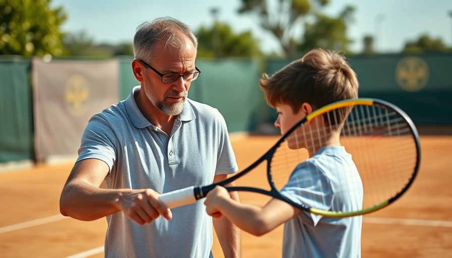 Coach illustrating ideal contact point in tennis to young player.