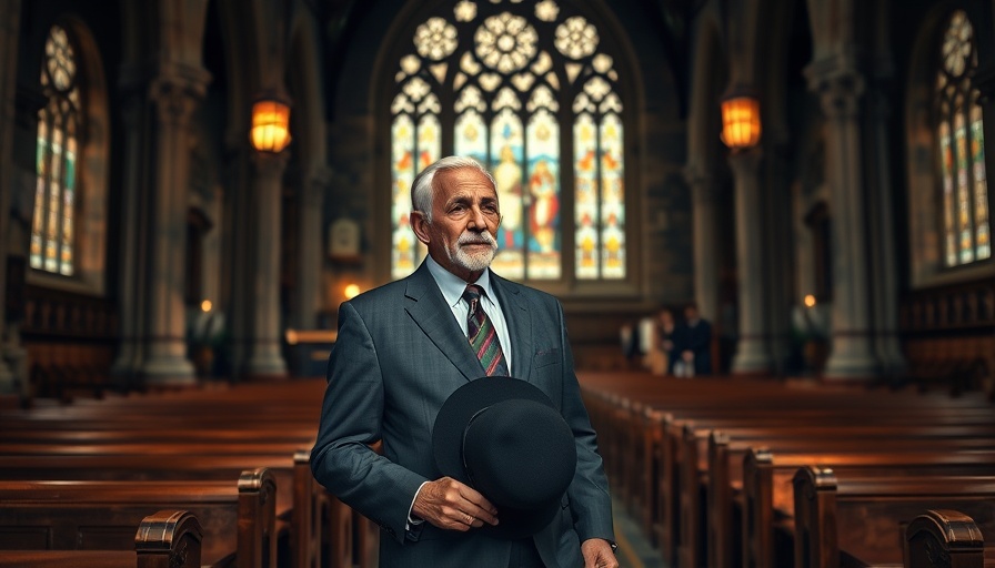 Elegant older man in a historic church with stained glass windows.