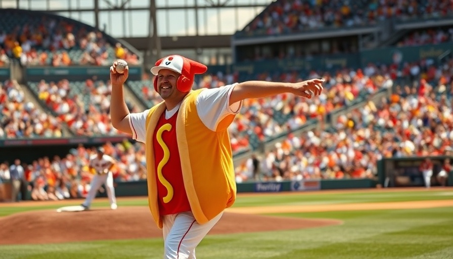 Bananaball community event with a person pitching in a hotdog costume at a baseball field.