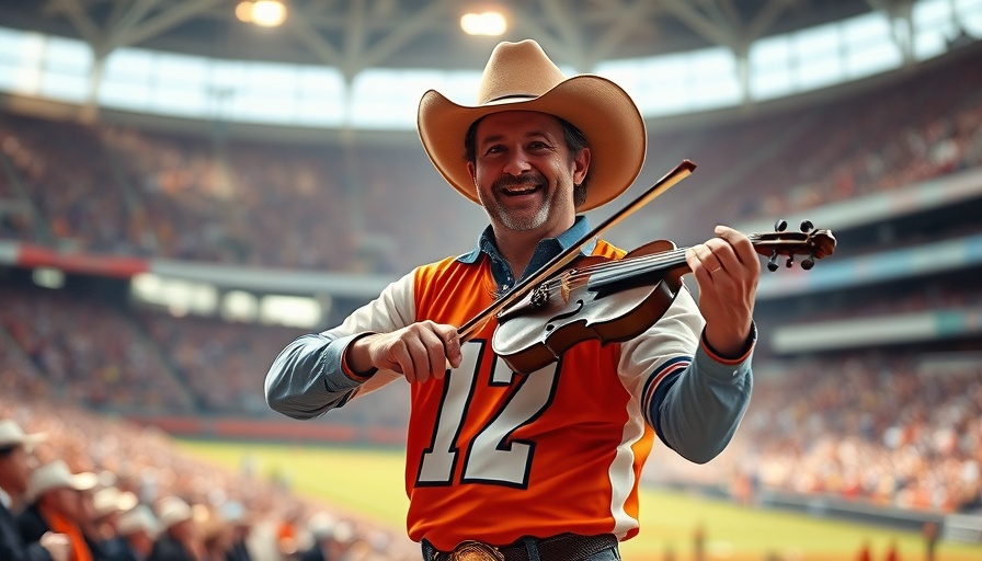 Cowboy fiddler playing at sports event, fiddle music community.