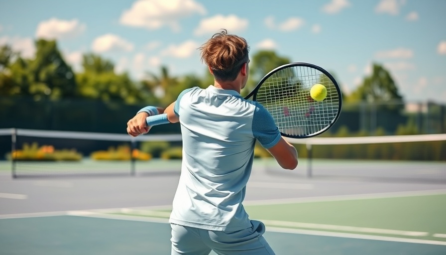 Focused tennis player demonstrating forehand technique on court