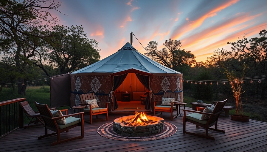 Charming yurt at a Texas glamping resort with inviting deck and fire pit at sunset.