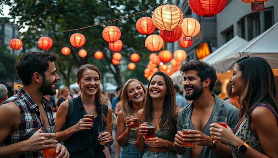 Friends enjoying drinks outdoors in Austin, laughing together.