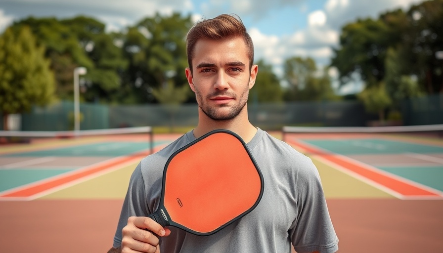 Pickleball gear Austin: man showing paddle on colorful court.