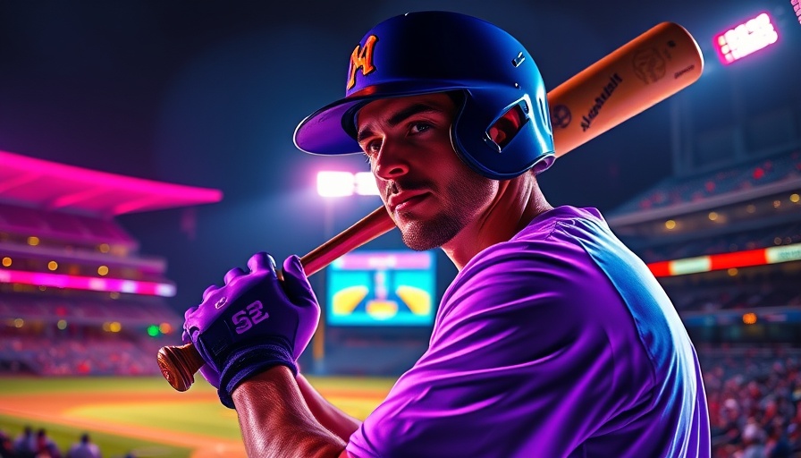 Cosmic baseball player in neon lights preparing to bat.