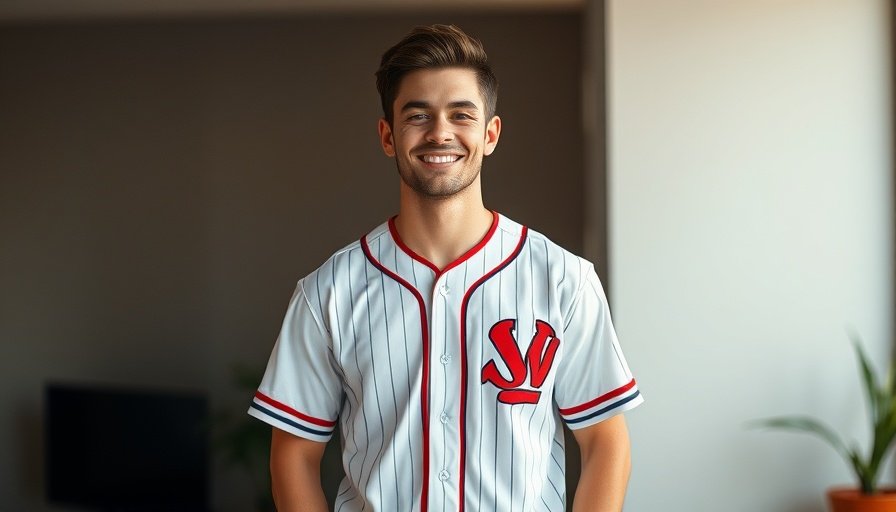 Casual sporty male in baseball jersey, representing community spirit.