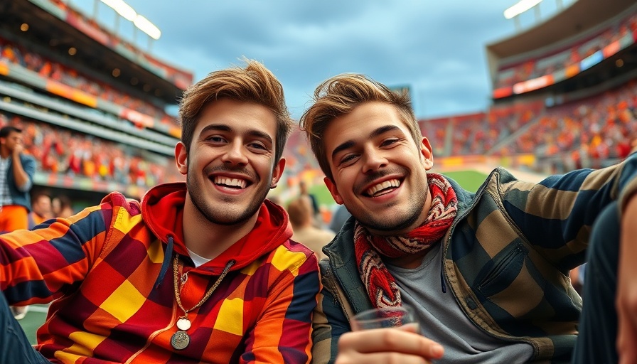 Texas tailgating culture with two young men in festive attire.