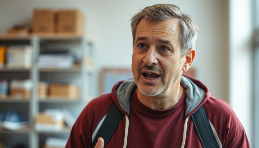 Middle-aged man speaking in casual sports attire, indoors.