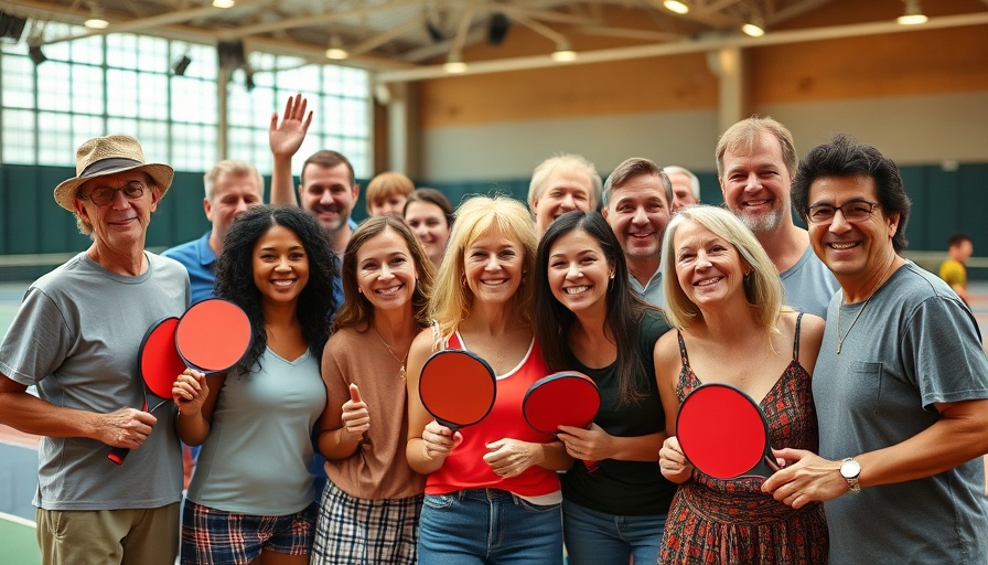 Pickleball tournament in Houston celebration scene with diverse group indoors.