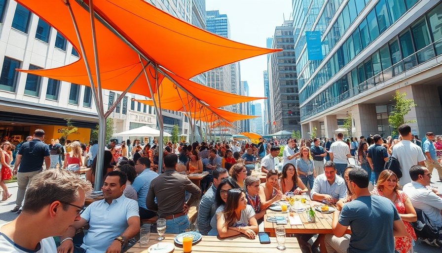 Vibrant outdoor dining in Austin under artistic canopies.