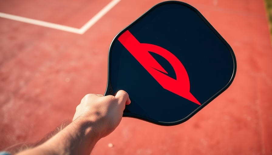 Close-up of a pickleball paddle held on a court.