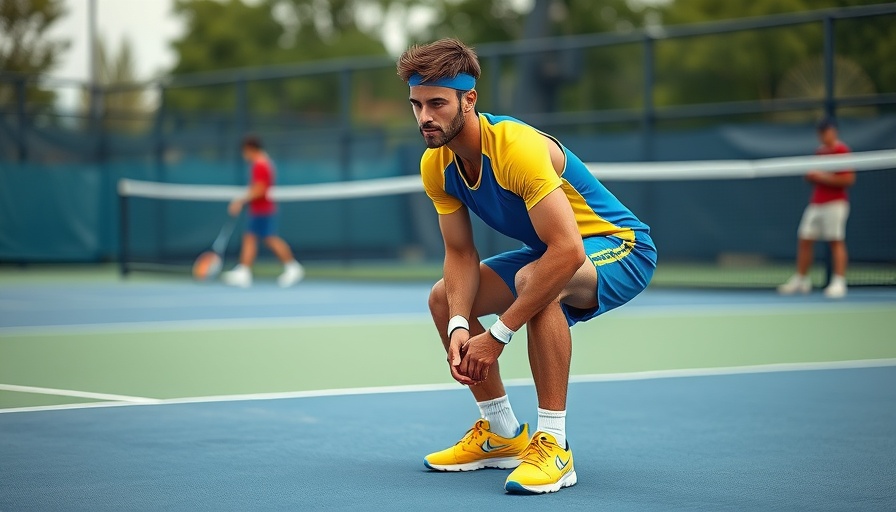 Tennis player maintains low stance, emphasizing 'stay low on your legs in tennis.'