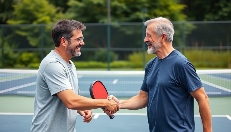 Casual pickleball players with paddles, shaking hands outdoors.