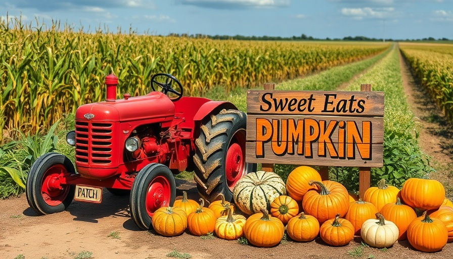 Central Texas Pumpkin Patches: Red tractor with pumpkins.
