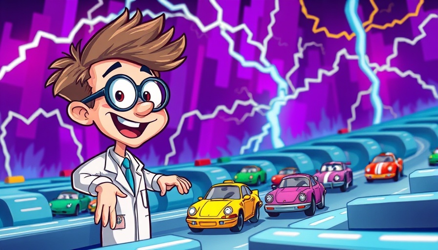 Whimsical cartoon scientist in a maze with toy cars, Austin driverless car testing ground concept.