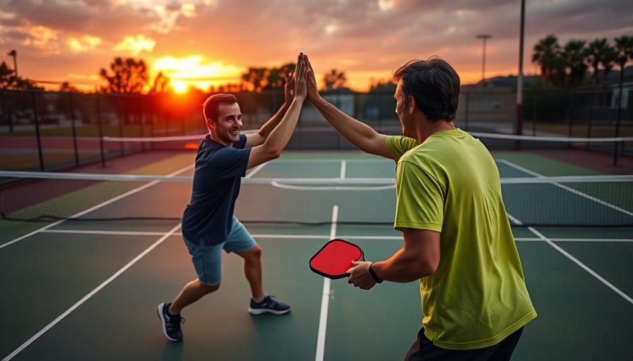 Sounds of pickleball, players high-fiving on the court at sunset