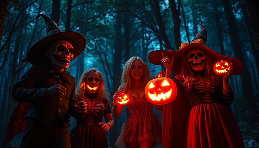 Spooky Halloween statues in eerie blue-lit forest for a nighttime event.