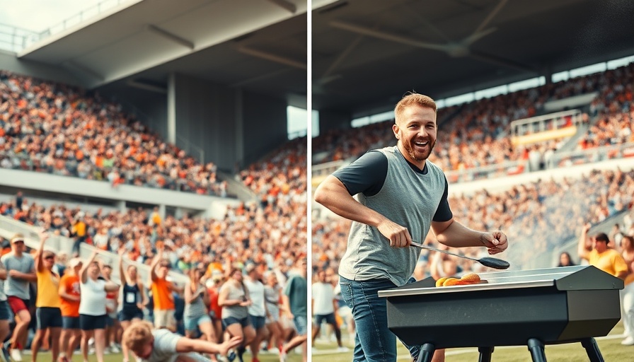 Energetic tailgating culture captured with an athlete in action and a grilling fan.