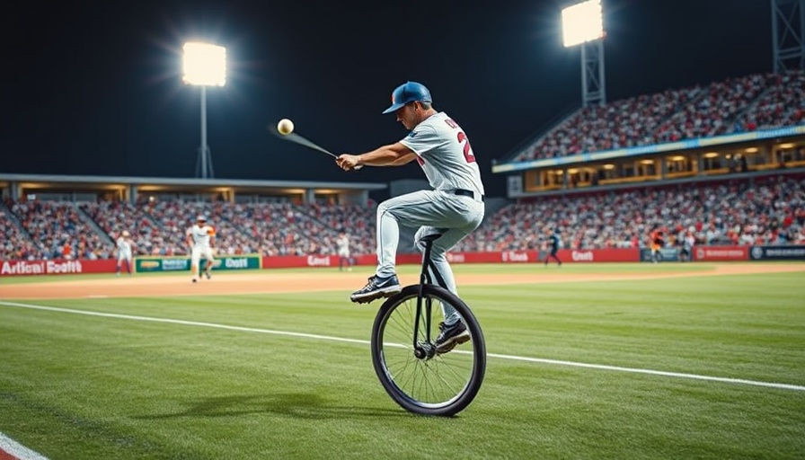 Exciting scene of unicycle baseball game with players in colorful uniforms.