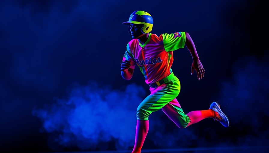 Cosmic baseball player in neon colors running under blacklight.