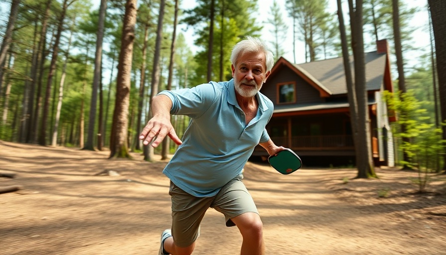 Pickleball enthusiast playing energetically in a wooded area with a house backdrop.