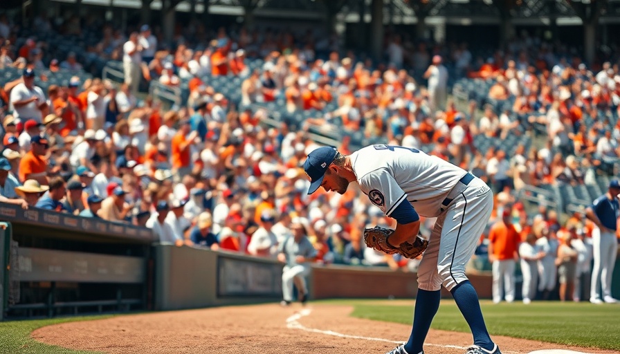 Baseball player bends over humorously at game, Cosmic Baseball.