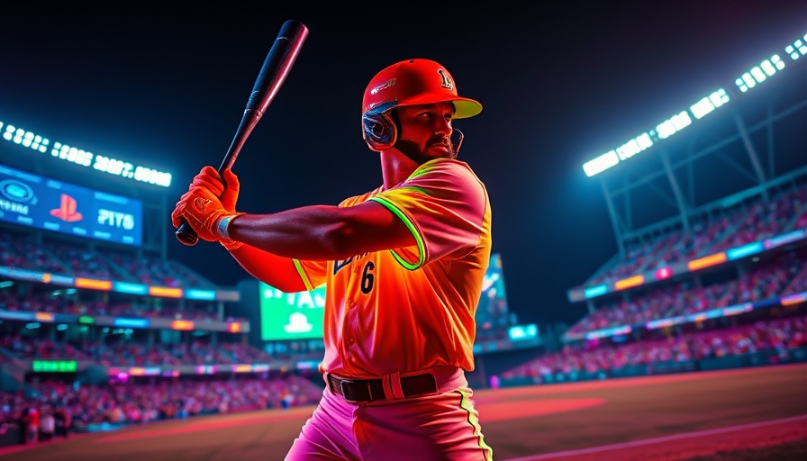 Cosmic baseball player in neon outfit during a UV-lit game.