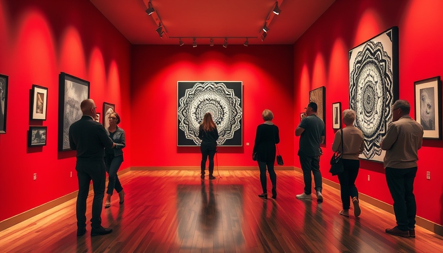 Austin art show audience admiring striking mandala artwork.