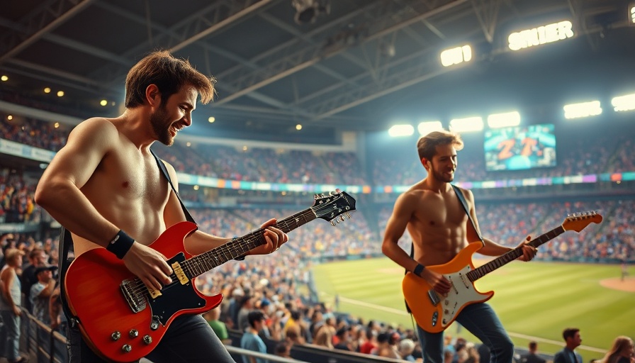 Energetic guitarists perform at baseball stadium riff-off