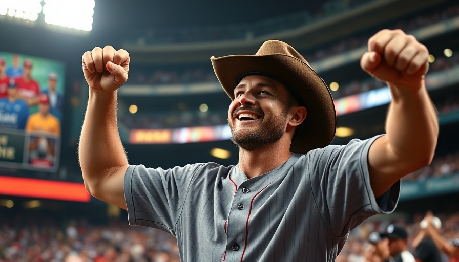 Texas Baseball player celebrating energetically in cowboy hat in stadium.