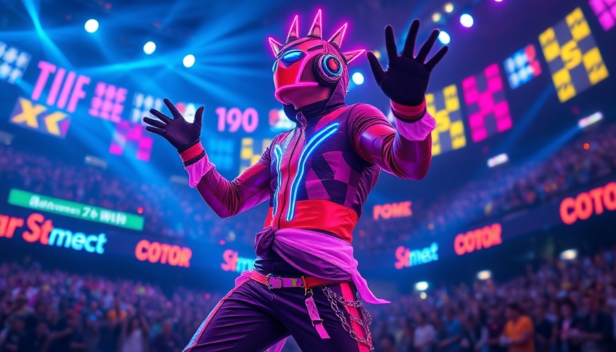 Cosmic baseball performer in neon, dancing energetically.