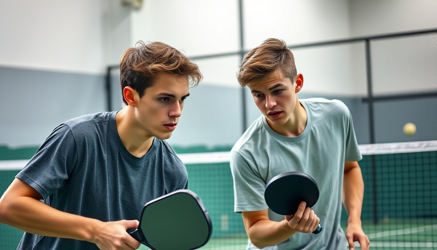 Intense pickleball match with focused players in an indoor court.