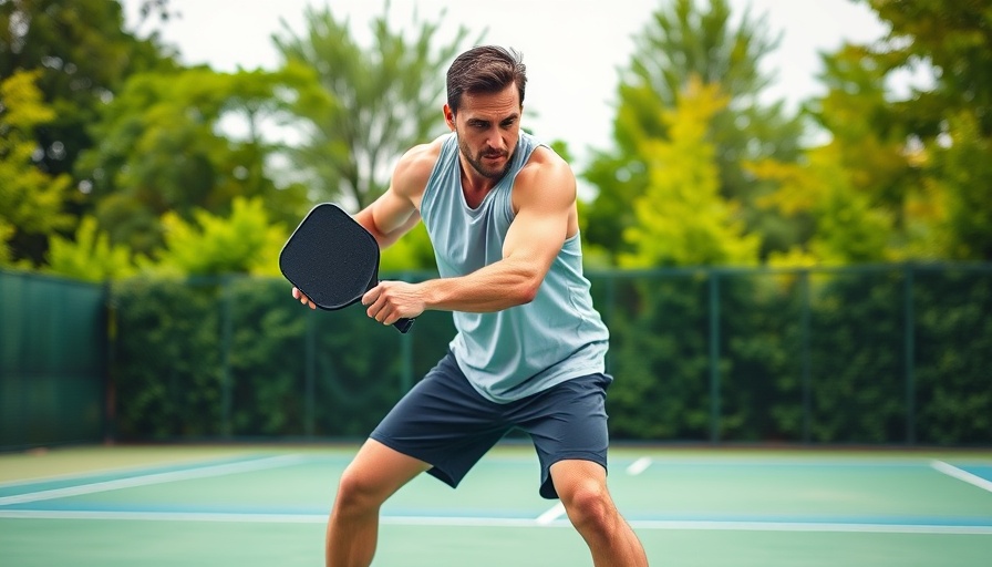 Athletic man holding pickleball paddle on court in action pose.