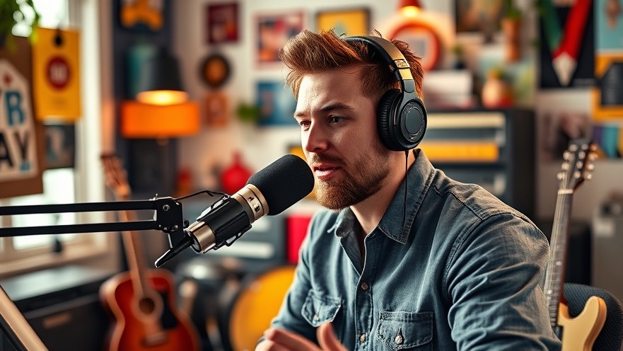 Casual male radio host in a vibrant home studio, promoting dining in Austin.