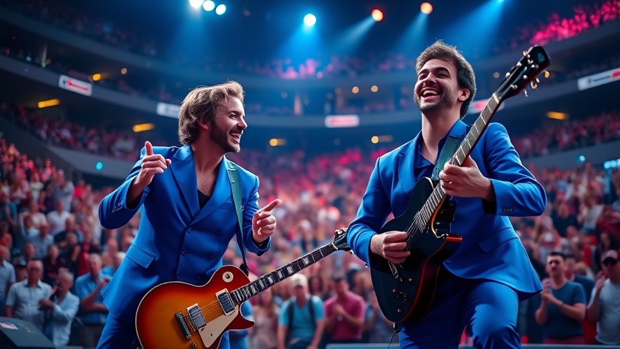 Two male musicians in blue play at Jorden's dance event, lively crowd enjoying Wagon Wheel.