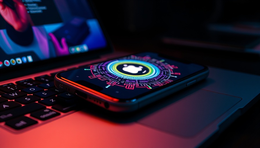 Apple AI interface on smartphone and laptop, vibrant and modern.