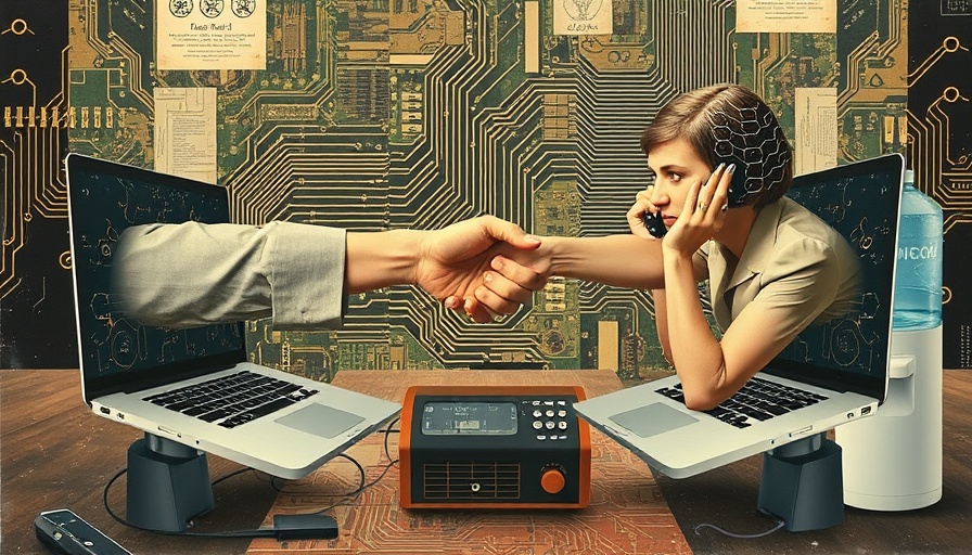 Surreal technology collage blending AI agents protocols with human elements.