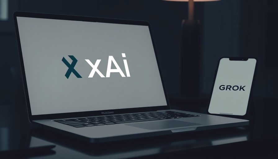 xAI and GROK logos displayed on a laptop and smartphone, dark theme.
