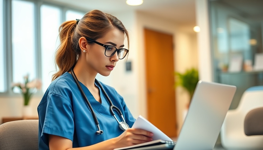 Healthcare professional in blue scrubs engaged in cybersecurity training.