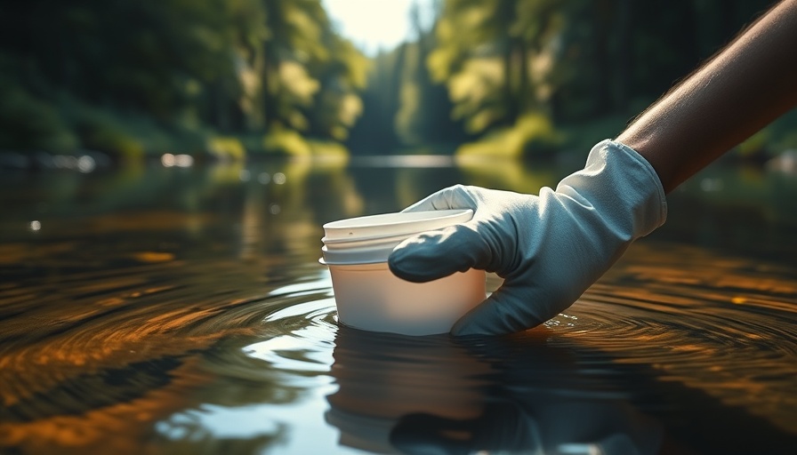 Gloved hand collecting water from river with forest backdrop.