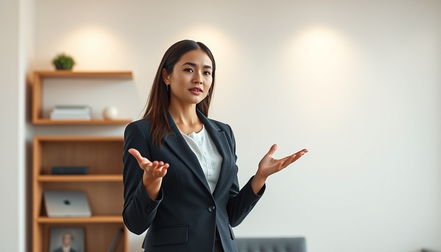 Professional woman presenting in a modern office setting.
