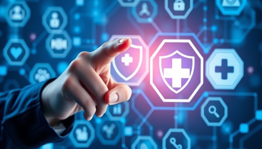 Healthcare cybersecurity digital interface with protective shield icon.