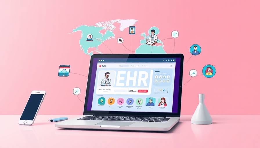 AI-assisted EHR platform illustration with connected devices and healthcare icons.